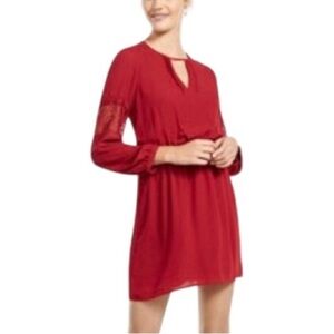 Express Elegant Lace Long Sleeve Elastic Waist Red Keyhole Pleated Dress S